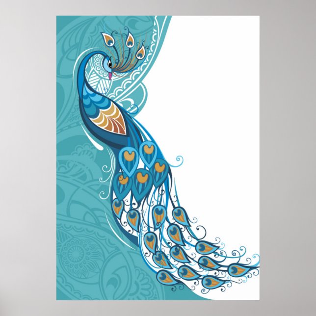 Peacock on Teal Illustration Poster (Front)