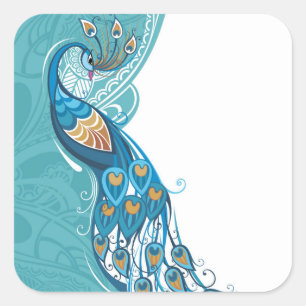 Peacock on Teal Illustration Square Sticker