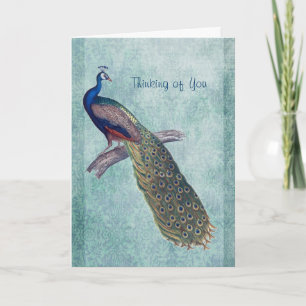 Peacock on Watercolor Damask Thinking of You Thank You Card