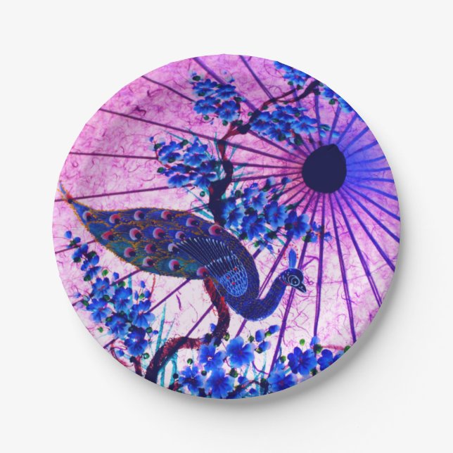 Peacock oriental parasol japanese cherry blossoms paper plate (Front)