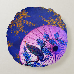 Peacock oriental parasol japanese cherry blossoms round cushion