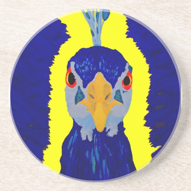 Peacock painting abstract with orange eyes coaster (Front)