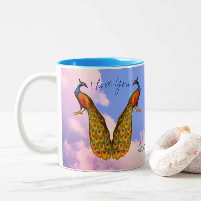Peacock Pair Art I Love You Personalised Two-Tone Coffee Mug (With Donut)