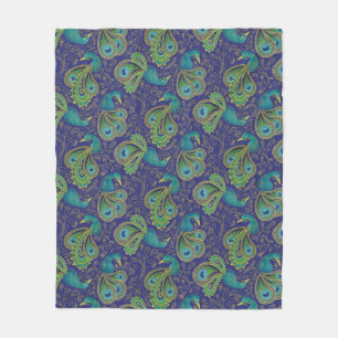 Peacock Paisley Pattern Blue Fleece Blanket