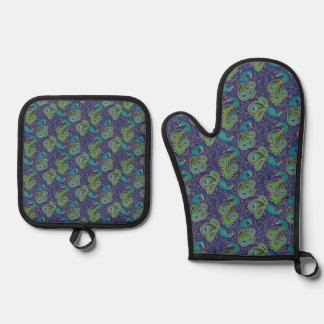 Peacock Paisley Pattern Blue Oven Mitt & Pot Holder Set