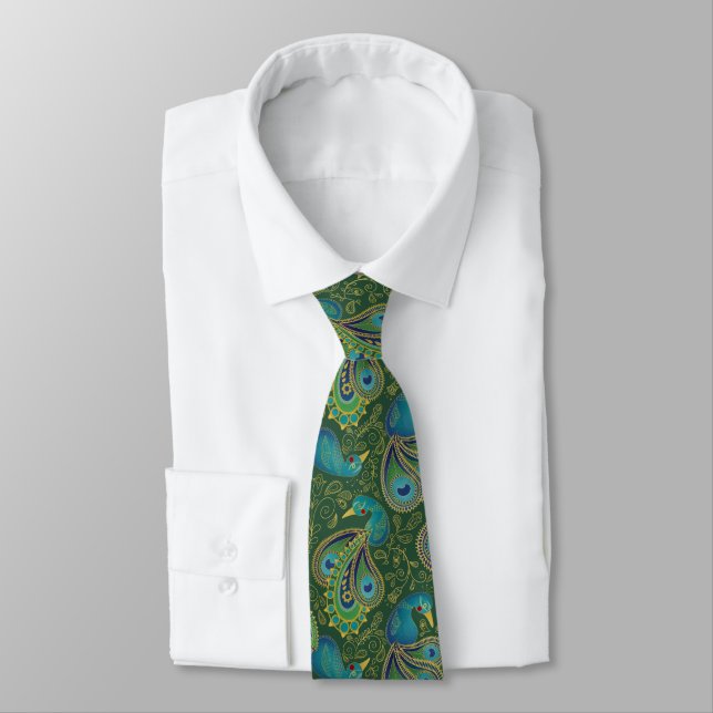 Peacock Paisley Pattern Green Tie (Tied)