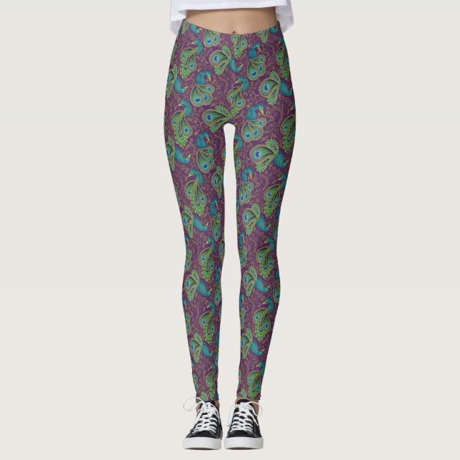Peacock Paisley Pattern Purple Leggings (Front)