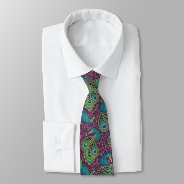 Peacock Paisley Pattern Purple Tie (Tied)