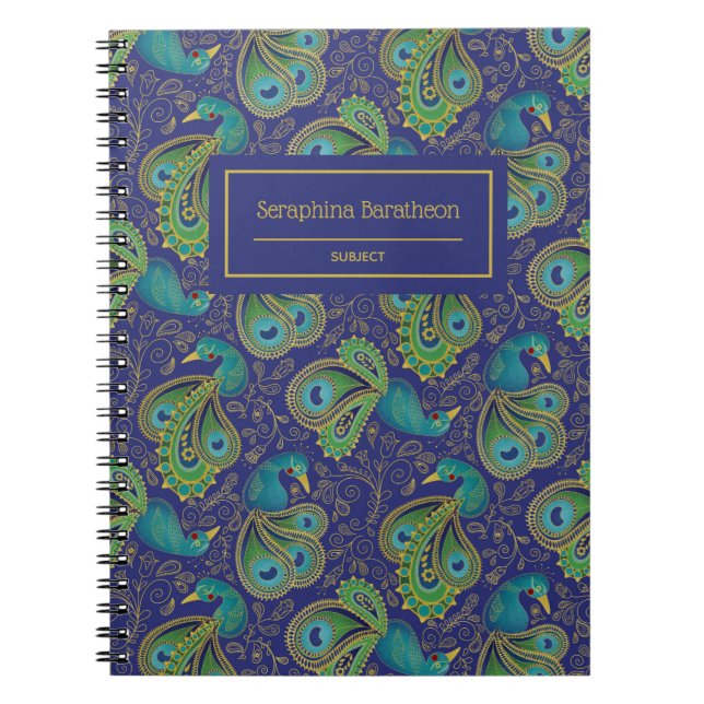 Peacock Paisley Royal Blue Monogram Notebook (Front)