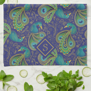Peacock Paisley Royal Blue Monogram Tea Towel