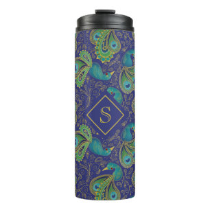 Peacock Paisley Royal Blue Monogram Thermal Tumbler