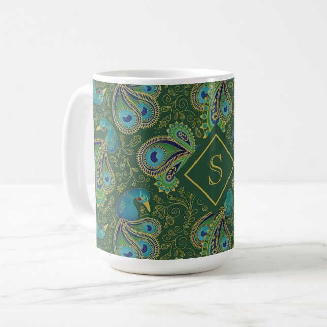 Peacock Paisley Royal Green Monogram Coffee Mug (Front Left)