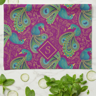 Peacock Paisley Royal Pink Fuchsia Monogram Tea Towel