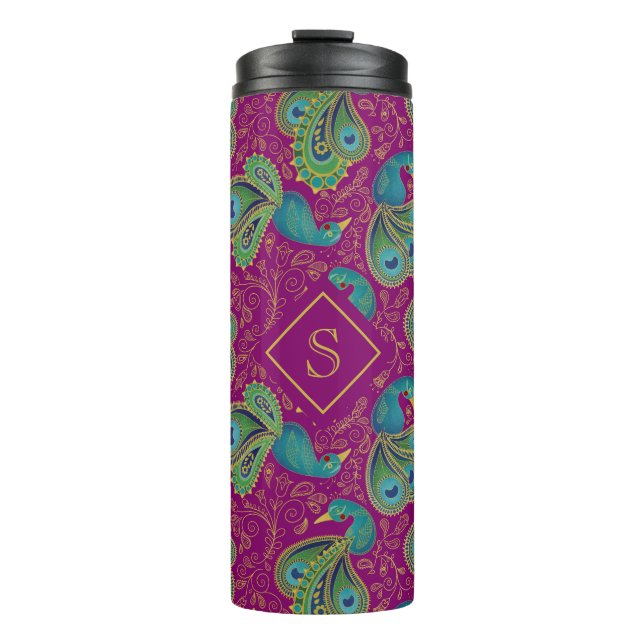 Peacock Paisley Royal Pink Fuchsia Monogram Thermal Tumbler (Front)