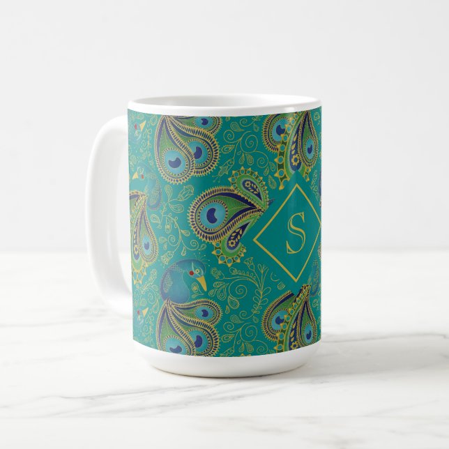 Peacock Paisley Royal Teal Monogram Coffee Mug (Front Left)