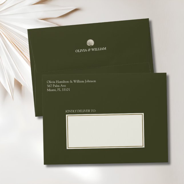 Peacock Palm Wedding Envelope (Peacock Palm olive green wedding envelope with return address and personalized back flap)