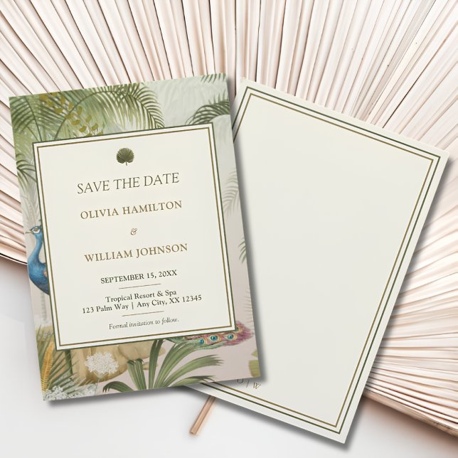 Peacock Palm Wedding Save the Date (Peacock Palm save the date with an ivory double-border back and personalized initials)