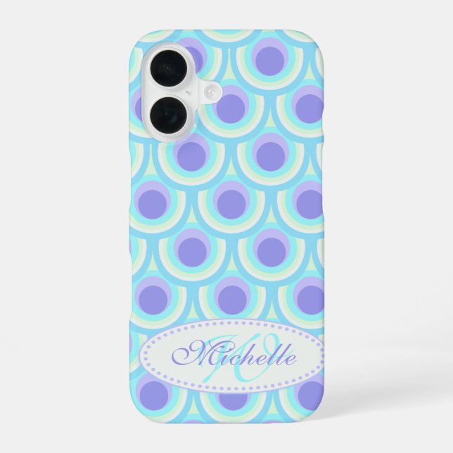 Peacock pattern purple blue name  iPhone 16 case (Back)