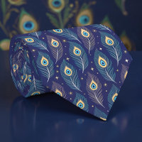 Peacock Peahen on Blue Pattern Necktie Tie