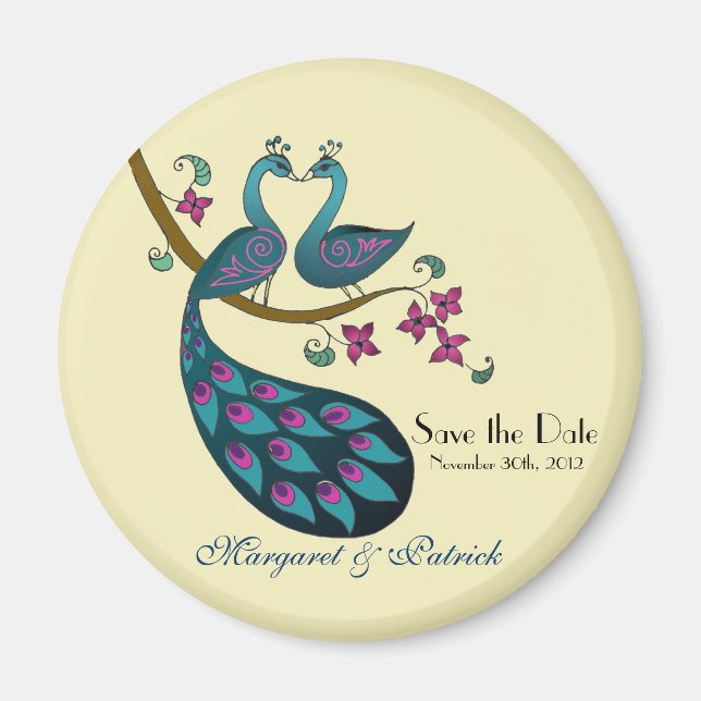 Peacock peahen save the date, ivory magnet (Front)