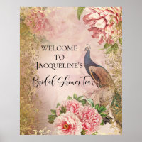 Peacock Peony Floral Pink Gold Bridal Shower Tea