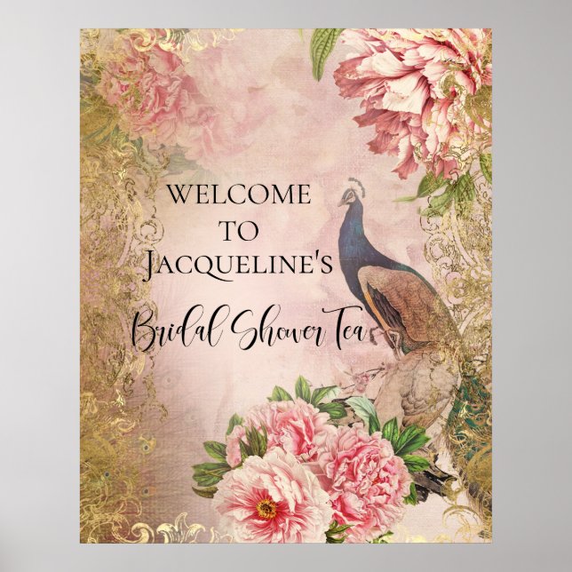 Peacock Peony Floral Pink Gold Bridal Shower Tea Poster (Front)