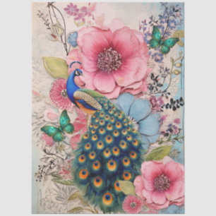 Peacock Pink & Blue Shabby Chic Florals Decoupage  Tissue Paper