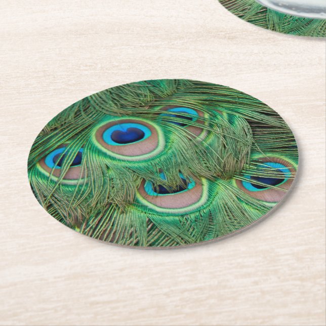 Peacock plumage round paper coaster (Angled)