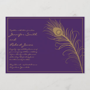 Peacock Plume in Gold and Plum Wedding Invitation