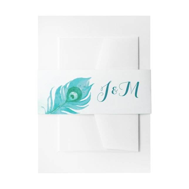 Peacock Plume Monogram Watercolor Wedding Invitation Belly Band (Front Example)