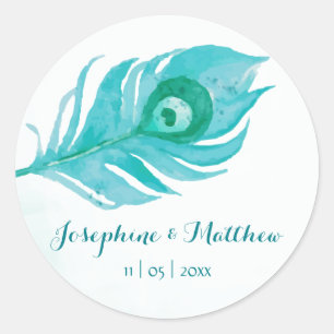 Peacock Plume Watercolor Wedding Stickers