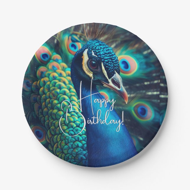 Peacock Profile Happy Birthday Paper Plate (Front)