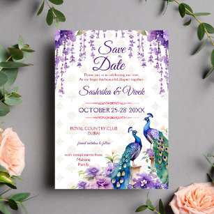 Peacock purple flower Indian wedding save the date Invitation