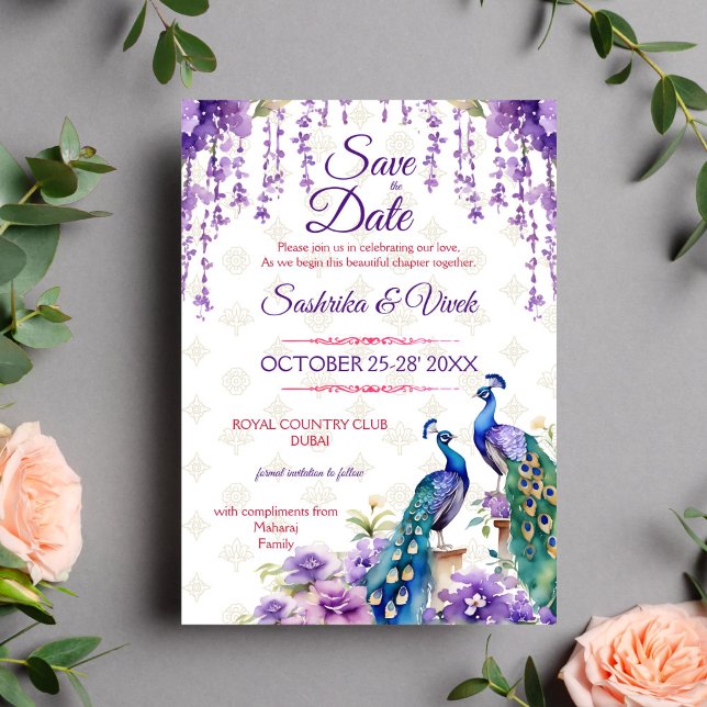 Peacock purple flower Indian wedding save the date Invitation (Purple peacock Indian wedding save the date card editable template digital download lilac jasmine)
