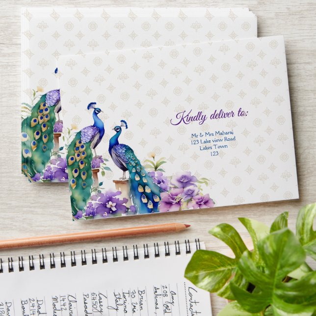 Peacock purple flowers Indian wedding Envelope (Stacked)