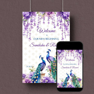 Peacock purple flowers Indian wedding welcome sign