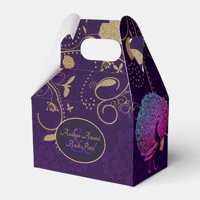 Peacock Purple Gold Gable Favour Box Personalised (Front Side)