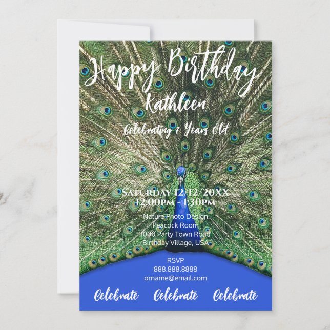 PEACOCK PURPLE PHOTO HAPPY BIRTHDAY INVITATION (Front)