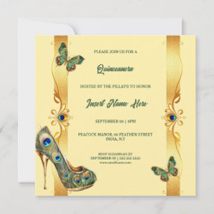 Peacock Quinceañera gold green glam feathers Holiday Card