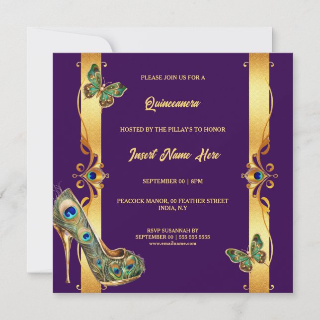 Peacock Quinceañera gold purple glam feathers Holiday Card (Front)