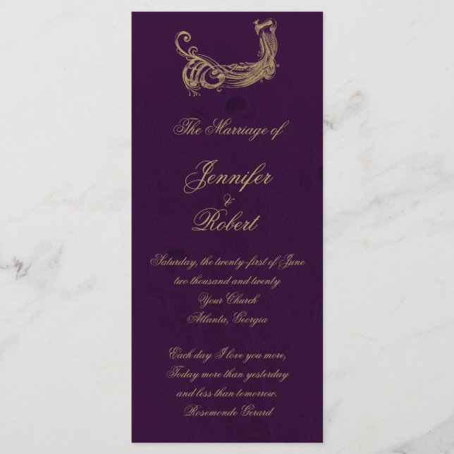 Peacock Regency in Purple Wedding Program Programme (Front)