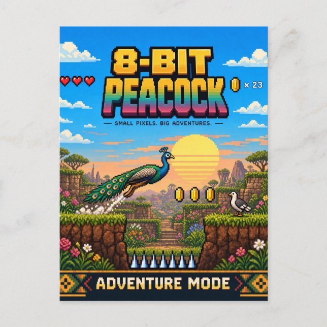 Peacock, Retro 8-Bit Pixel Art Postcard (Front)