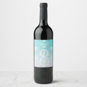 Peacock romantic wedding, heart and aqua blue wine label