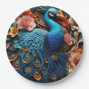 Peacock Roses Elegant Pretty Paper Plate