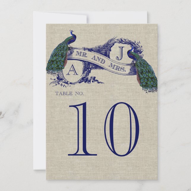 Peacock Rustic Wedding Table Number Card (Front)