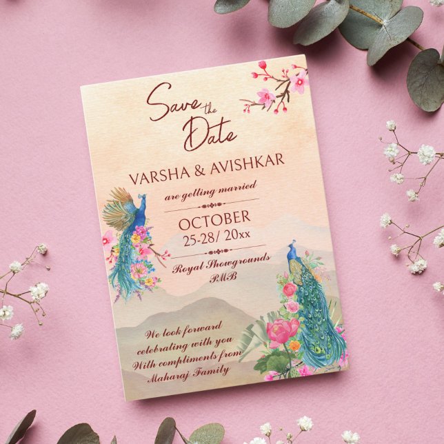 Peacock save the date template invitation  (Creator Uploaded)