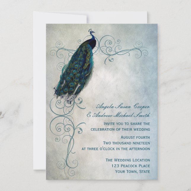 Peacock Scroll Wedding Invitation (Front)