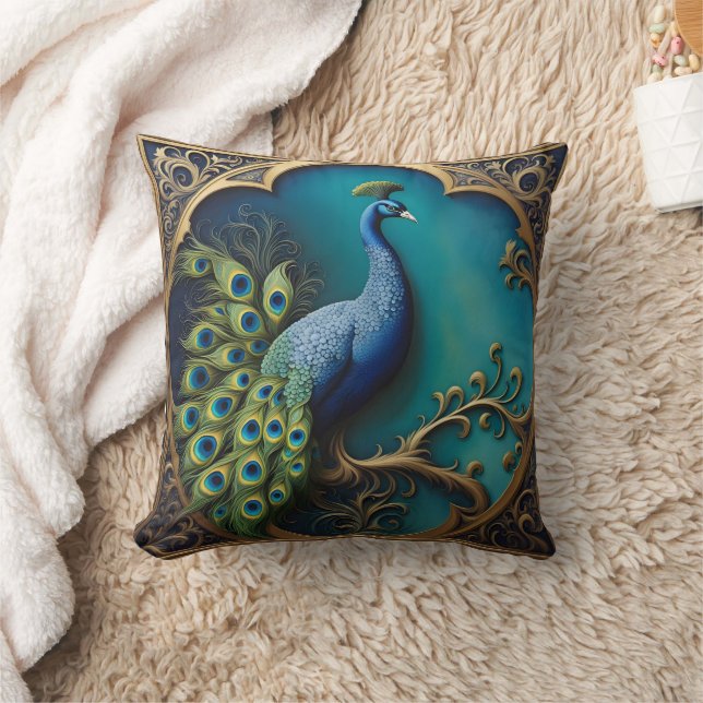 Peacock Showing Feathers on Bright Background Cushion (Blanket)