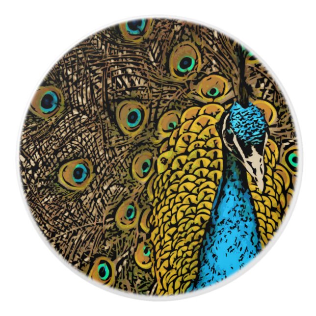 Peacock Splendour Illustration Ceramic Knob (Front)