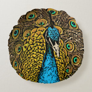 Peacock Splendour Illustration Round Cushion